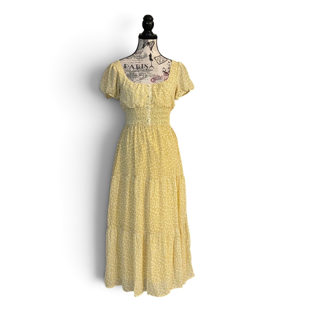 Urban Outfitters Maxi Dress Womens XS Yellow Floral Smocked Tiered Puff Sleeve